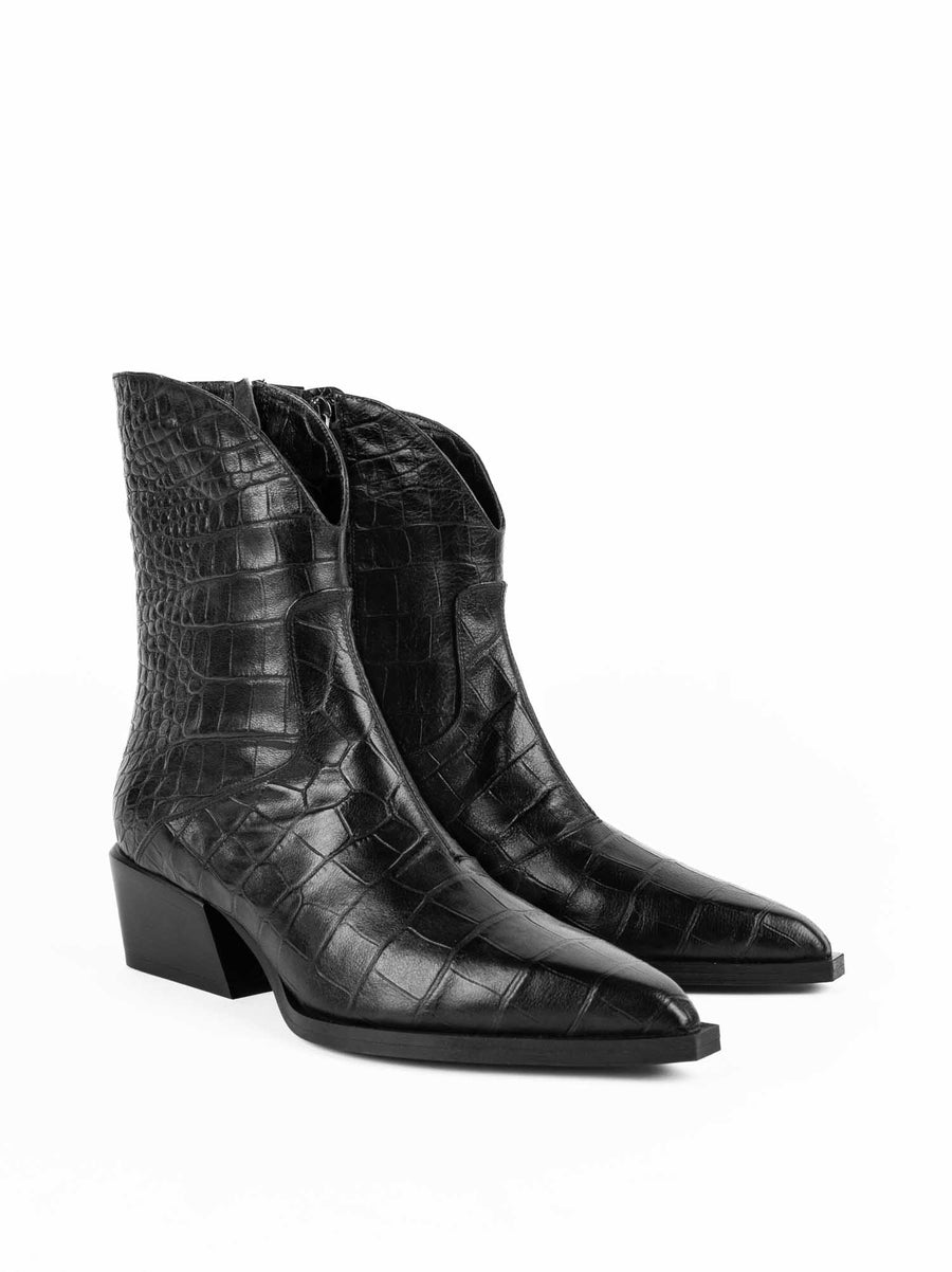 LUZ08 CROCO-EMBOSSED LEATHER HEEL ANKLE BOOTS