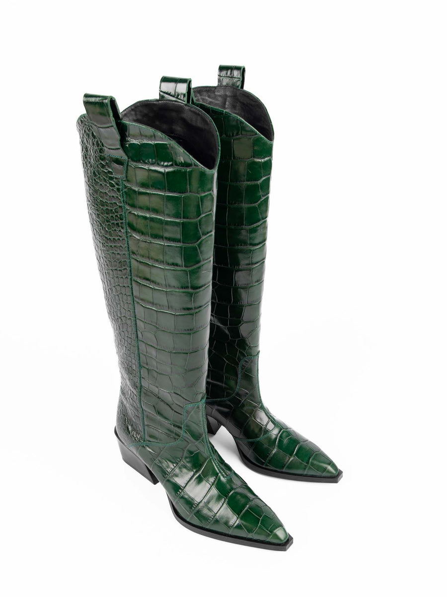 LUZ12 CROCO-EMBOSSED LEATHER HEEL TALL BOOTS